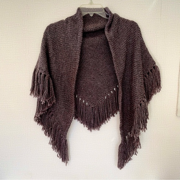 Hand Knit Shawl, Dusty Icy Plum, Fringe Trim, Versatile - Picture 3 of 10
